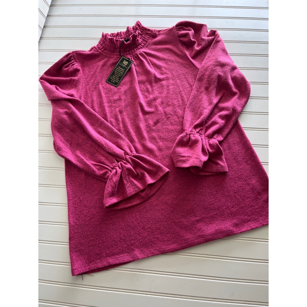 D&Co Magenta Pink Smocked Mock Neck Ruffle Cuff Knit Top Large RN92309
